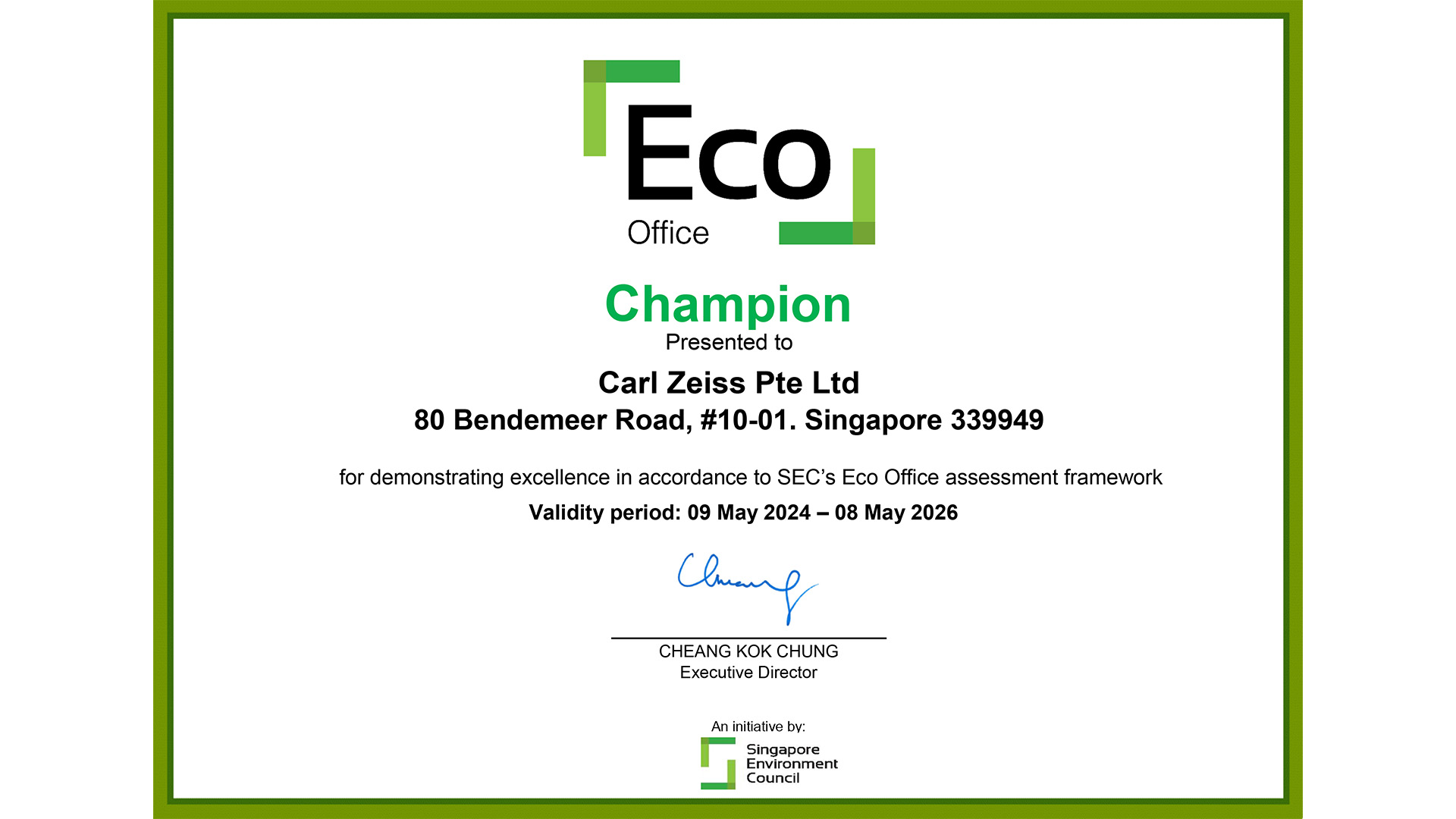 Eco Office certification of ZEISS Singapore