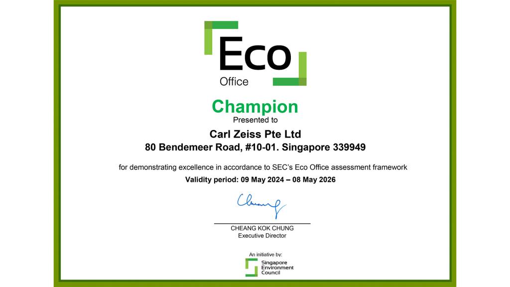 ZEISS Singapore awarded Eco Office certification consecutively