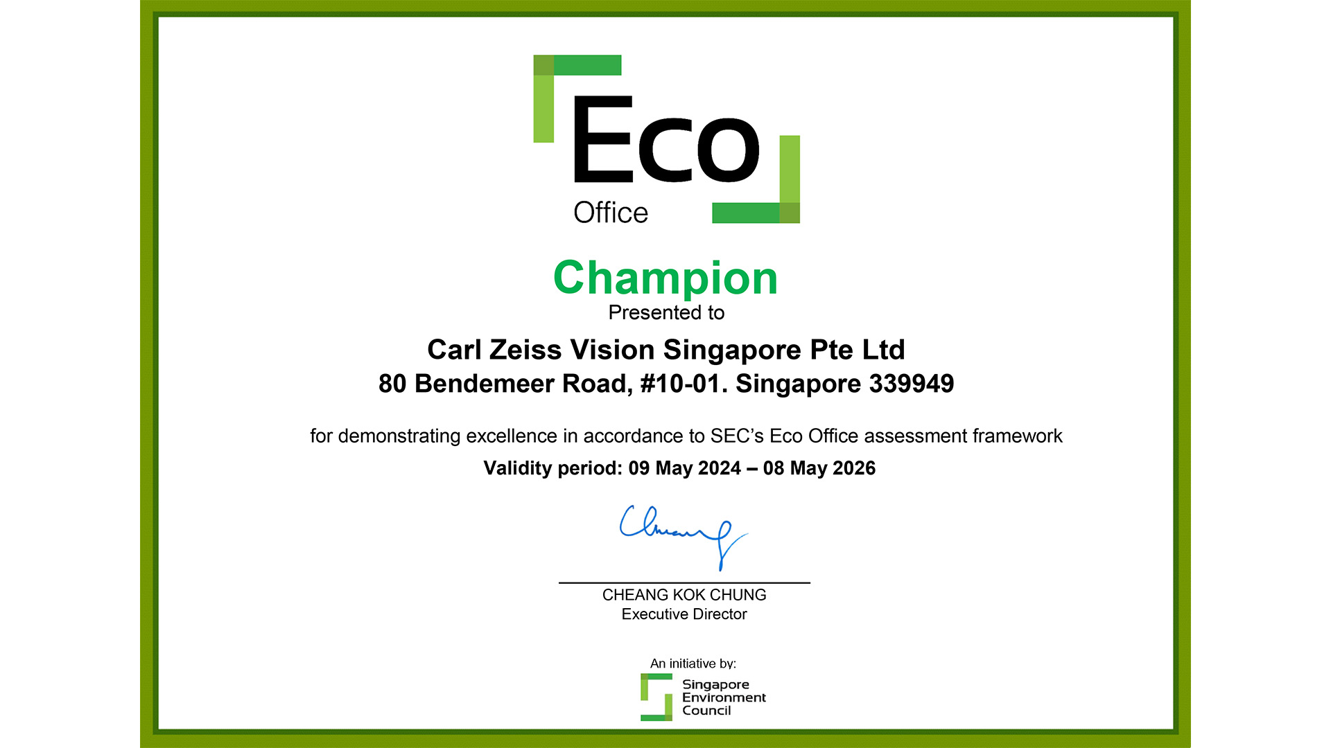 Eco Office certification of ZEISS Vision Singapore