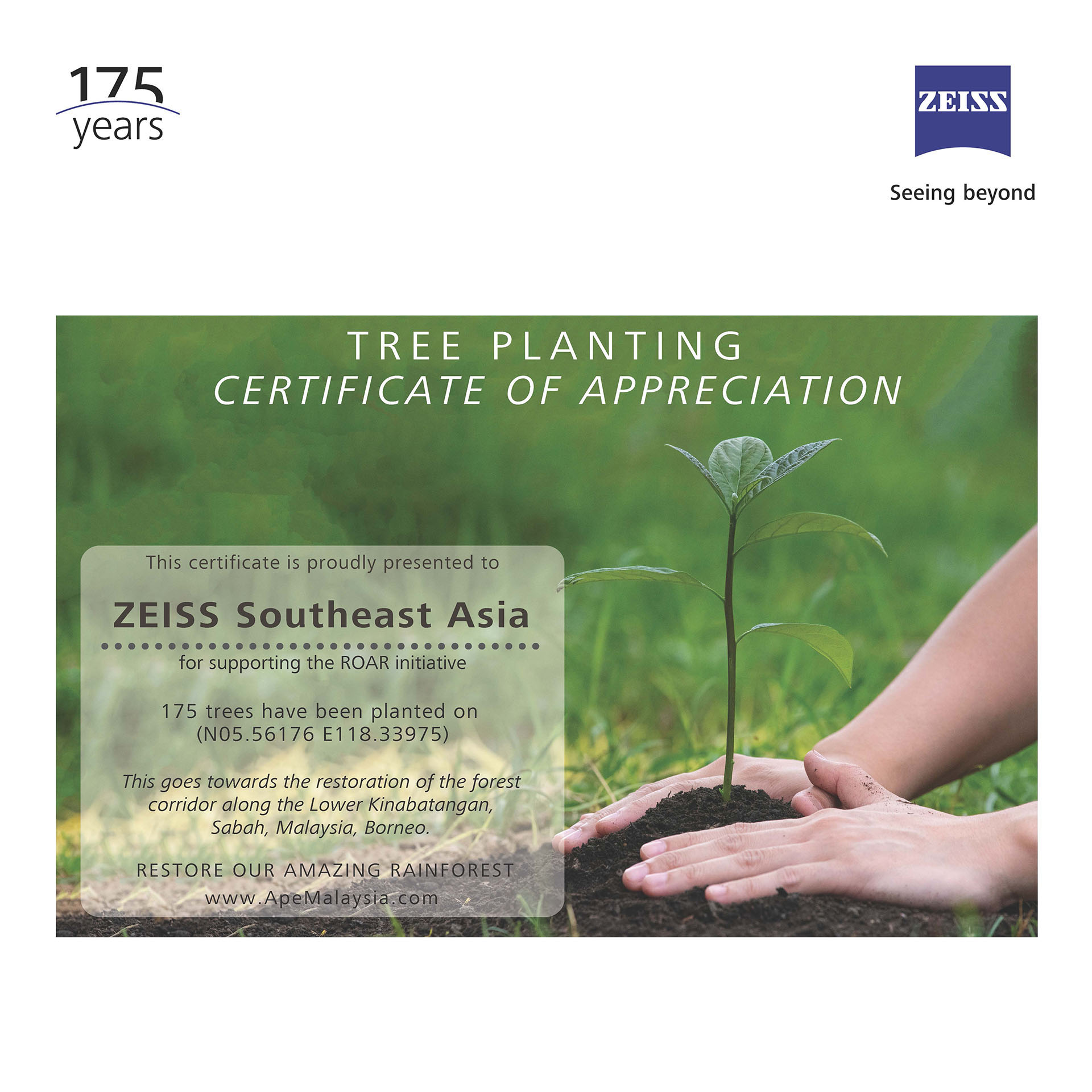 Tree planting certificate of appreciation for ZEISS SEA