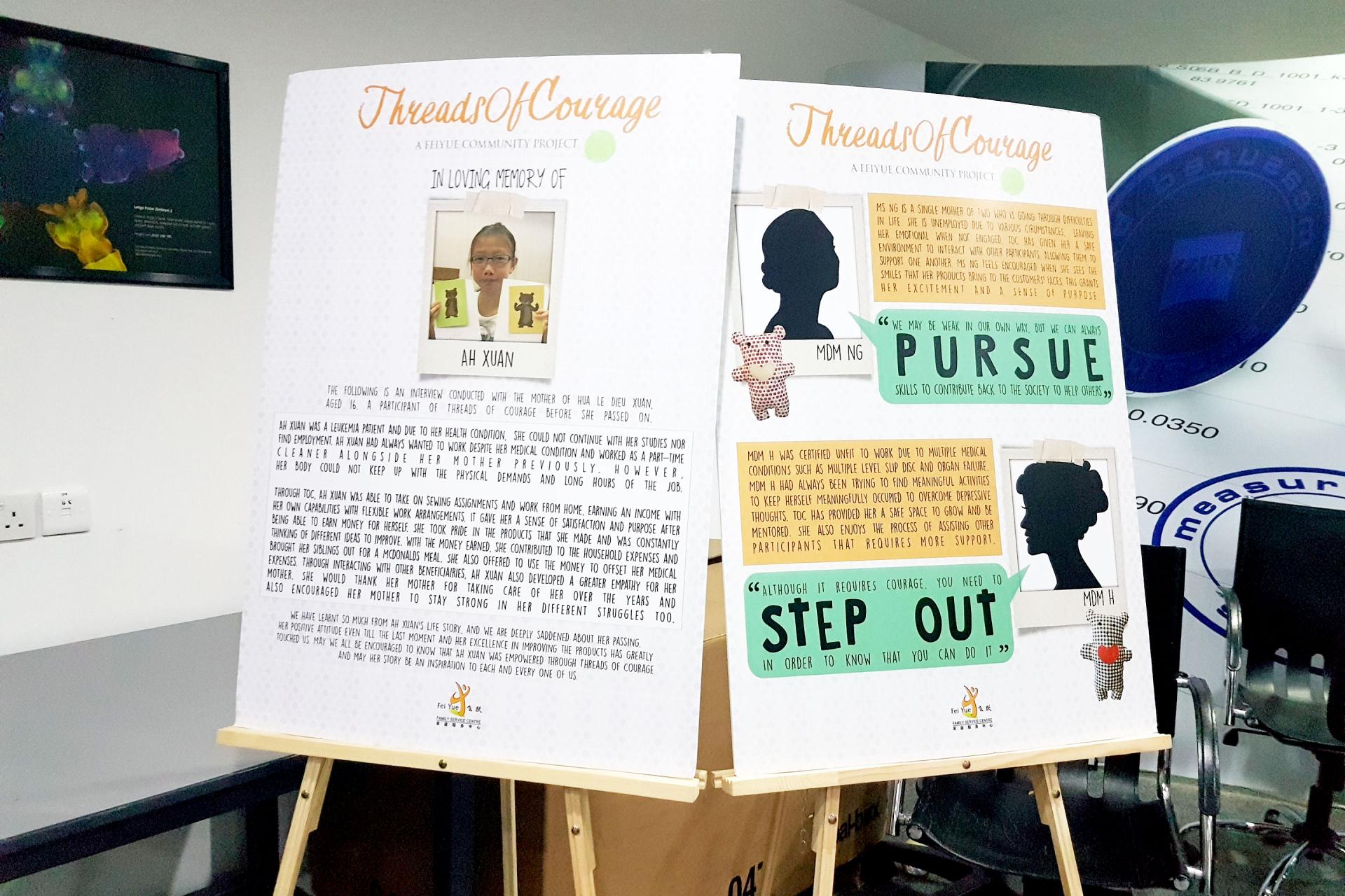 Two posters of threads of courrage project on an easel.