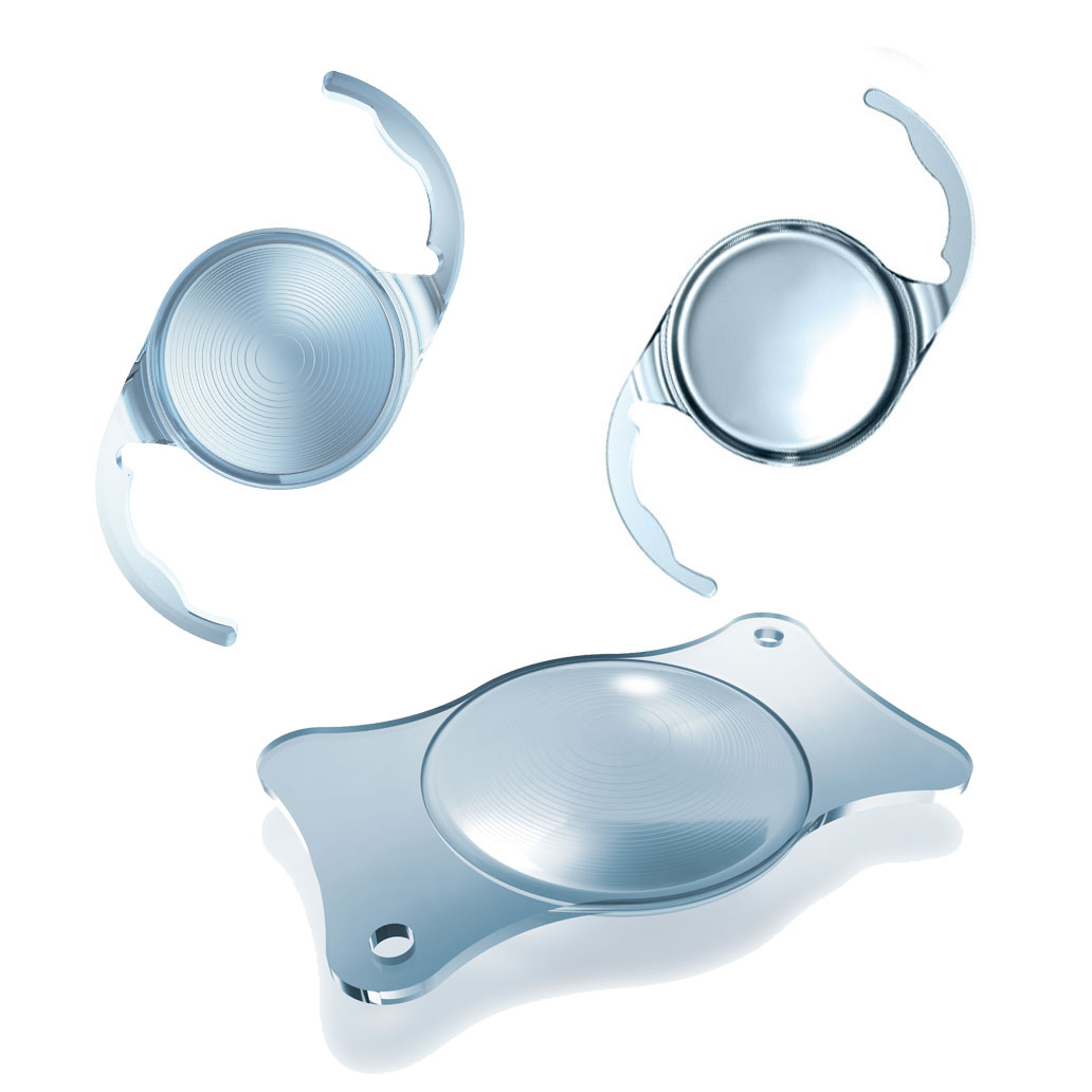 Three transparent ZEISS intraocular lenses with different haptic designs are displayed on a white background.