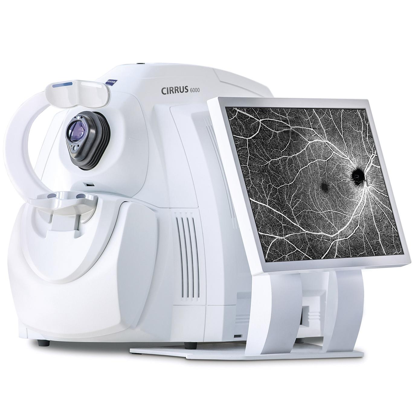 ZEISS CIRRUS 6000 optical coherence tomography (OCT) device with an attached monitor displaying a detailed black and white retinal scan.
