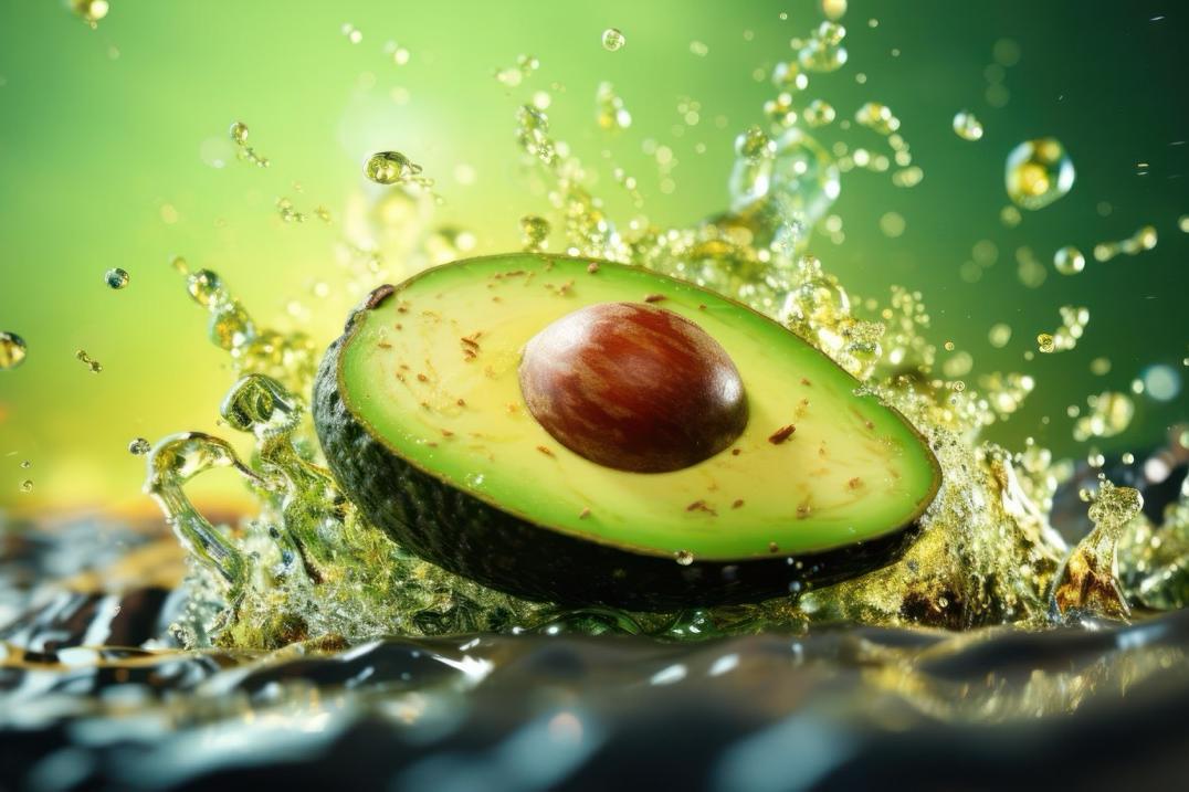 Half an avocado splashes into water, creating dynamic droplets against a vibrant green background. The image conveys freshness and energy