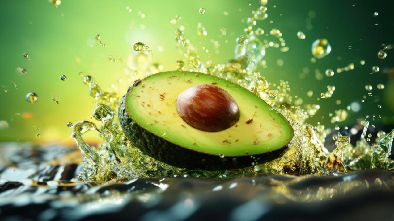 Half an avocado splashes into water, creating dynamic droplets against a vibrant green background. The image conveys freshness and energy