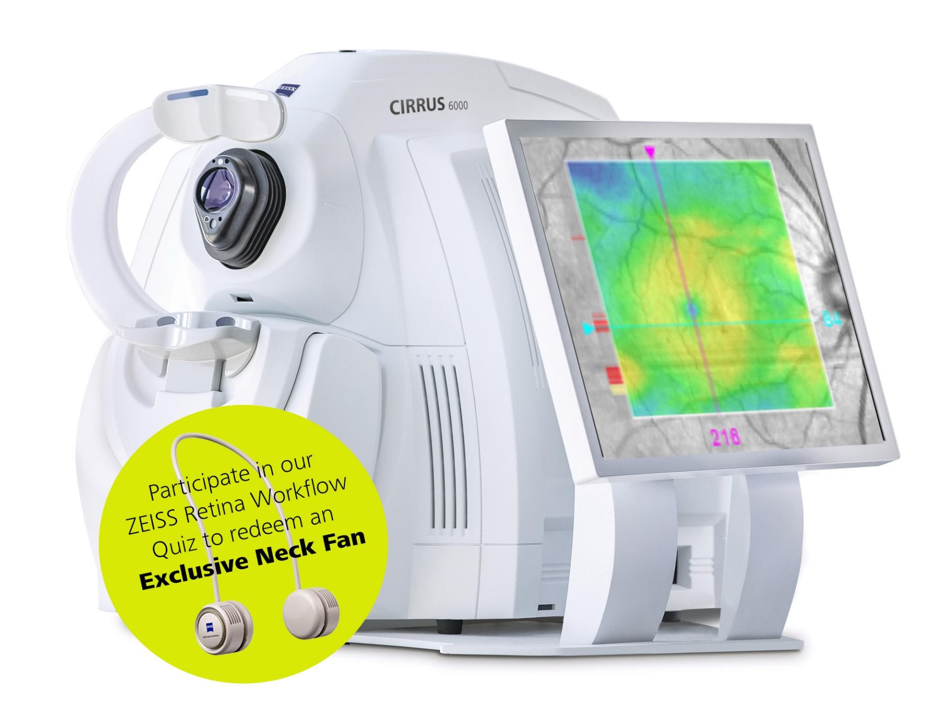 White ZEISS CIRRUS 6000 ophthalmic imaging device with a color-coded topographic map displayed on an attached monitor.
