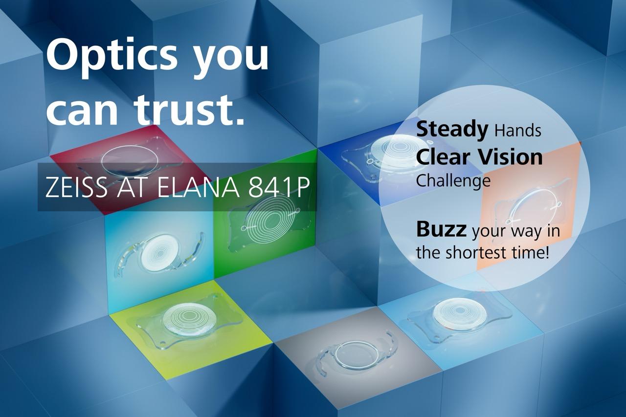 A digital graphic with a blue geometric background featuring six translucent squares arranged in a loose grid. Each square contains a white circular pattern resembling ZEISS optical lenses. Text on the left reads 'Optics you can trust.' and 'ZEISS AT ELANA 841P'. On the right, inside a translucent circle, the text reads 'Steady Hands Clear Vision Challenge' and 'Buzz your way in the shortest time!'.
