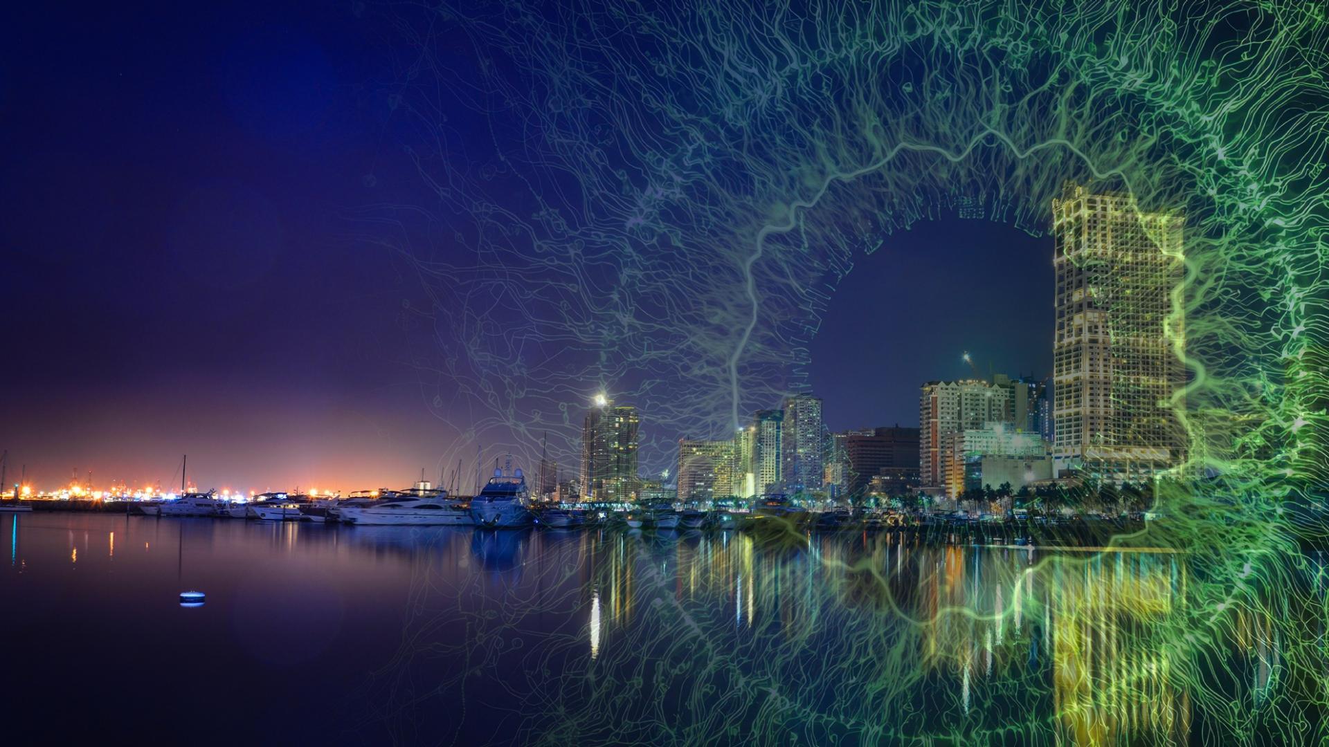 A cityscape with tall buildings and a harbor under a blue sky. Superimposed is a vibrant green digital eye pattern, suggesting technology in urban life.