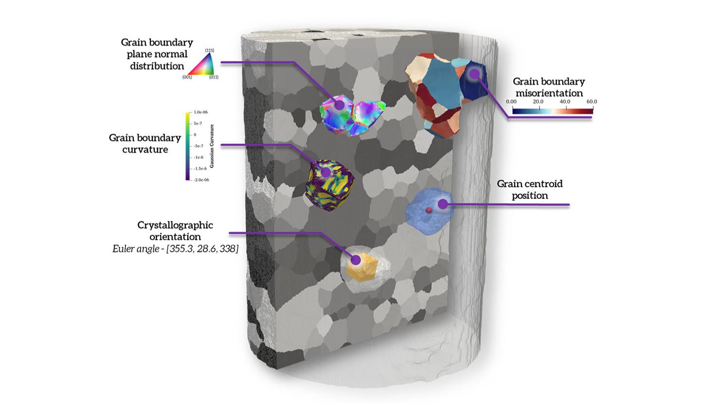 Non-destructive three-dimensional grain map of an Armco iron sample with illustrations of the various grain analysis that can be performed on a typical LabDCT Pro dataset.