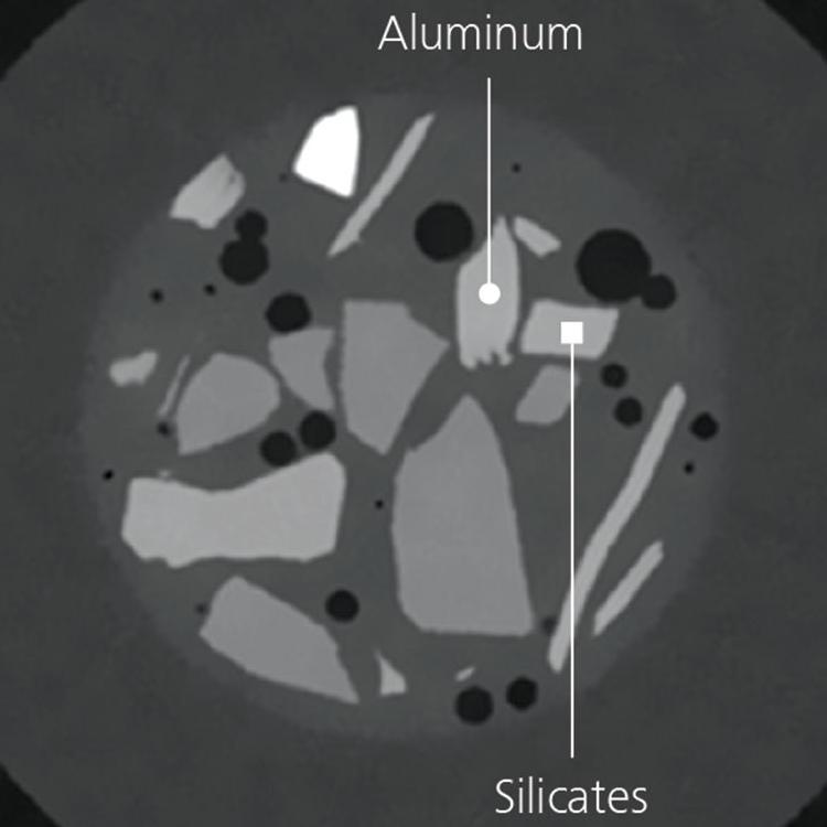 A single energy scan shows that aluminum and silicon are virtually identical (left side), with very similar grayscale contrast.