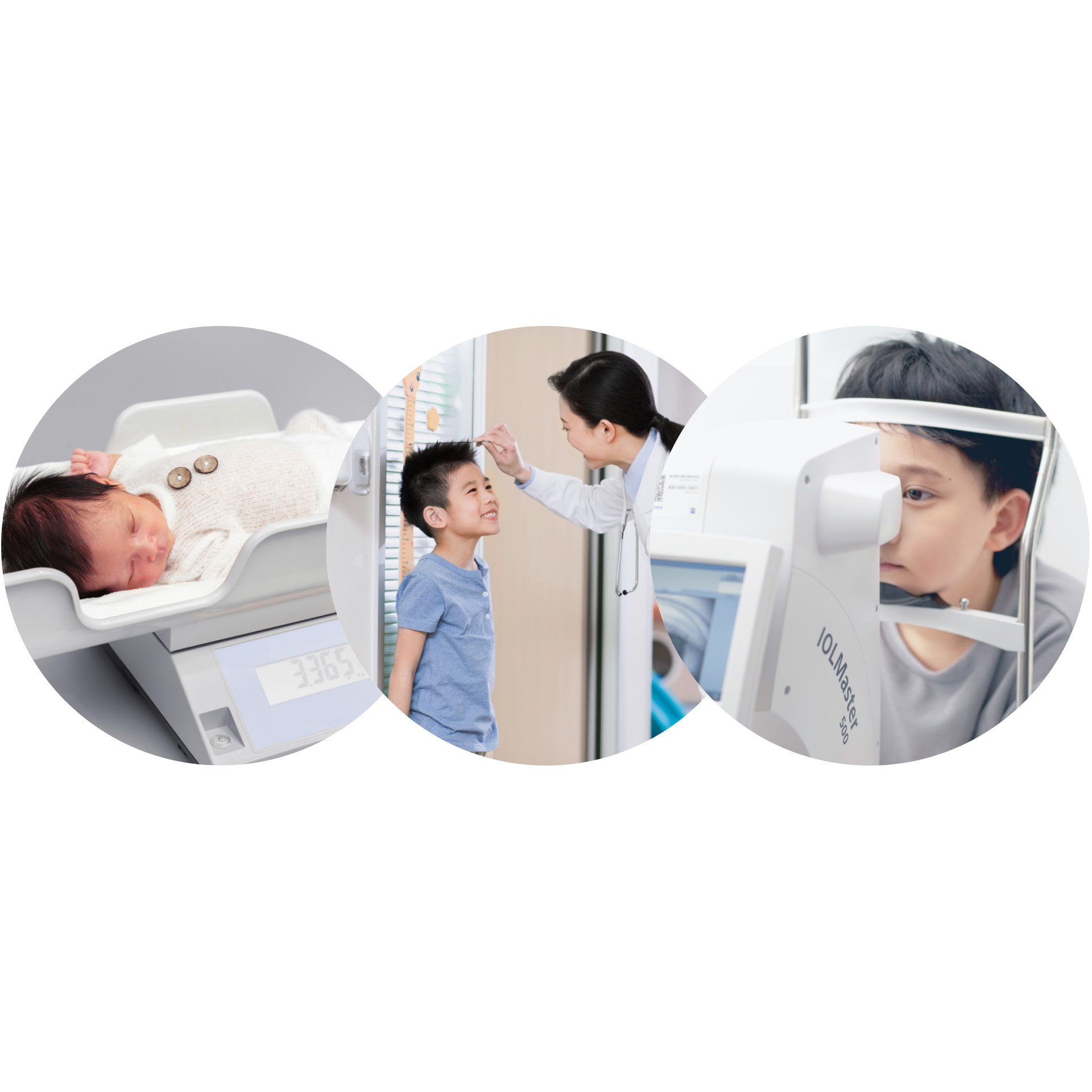 Three images depicting developmental milestones. On the left, a baby is placed on a scale; in the middle a boy is measured against a length chart on the wall; and on the right a boy is receiving an eye test.