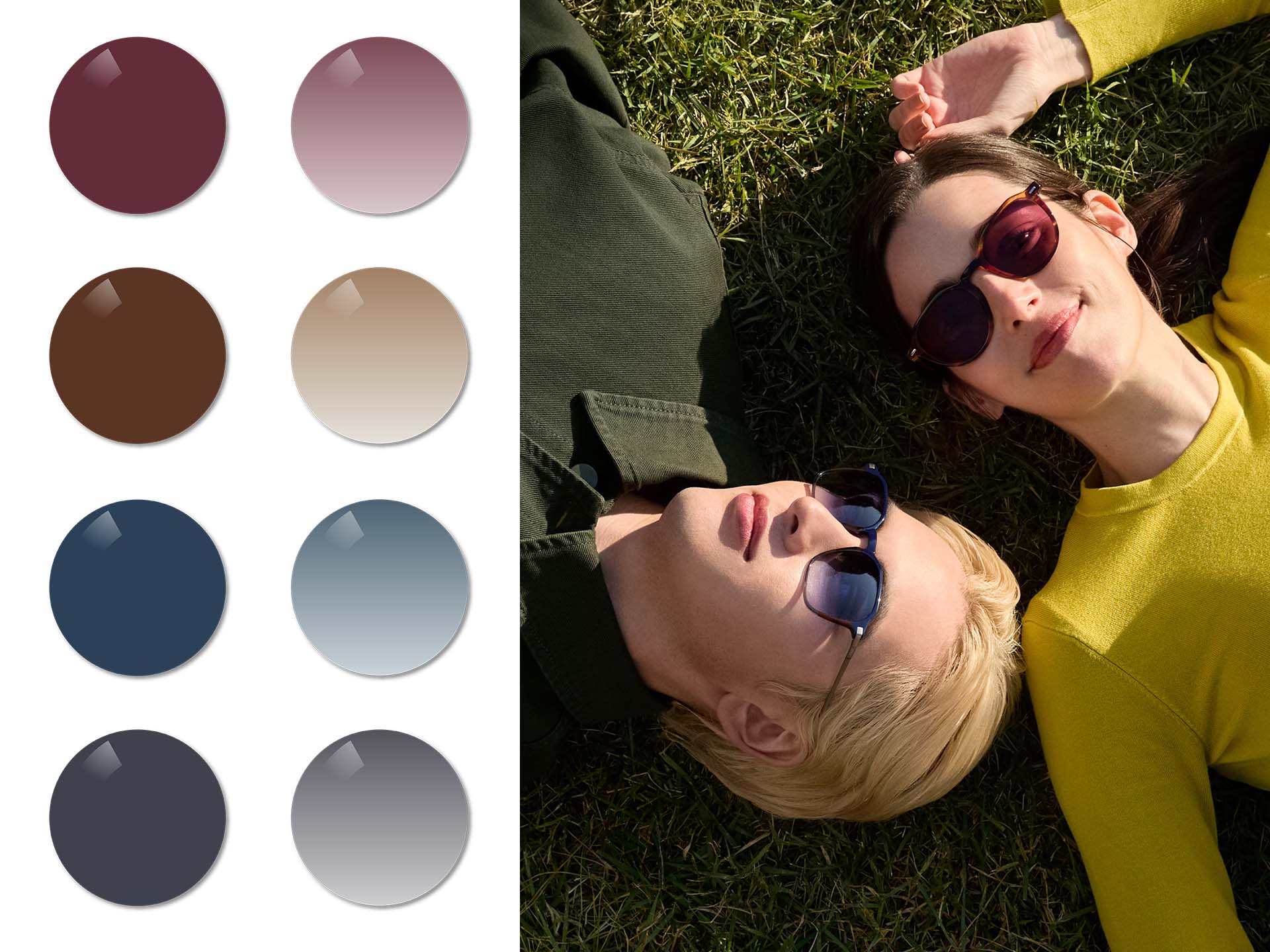 A man, wearing ZEISS Sun Rx lenses in Midnight Blue gradient, and a women, wearing ZEISS prescription sunglass lenses in solid Burgundy, laying on grass. Next, the colours Burgundy, Copper Brown, Midnight Blue and Dusk Grey in solid and gradient tint are visualised.