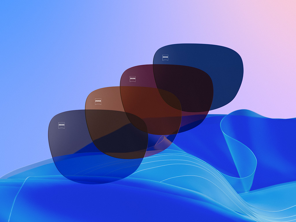 3D CGI illustration of four tinted lenses in Dusk Grey, Copper Brown, Burgundy, and Midnight Blue.