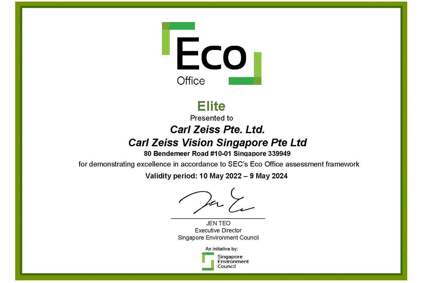 Eco Office certificate presented to Carl Zeiss Pte. Ltd.