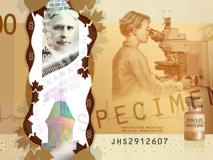 Close-up view of the Canadian $ 100 bill, showing a ZEISS microscope among other things.
