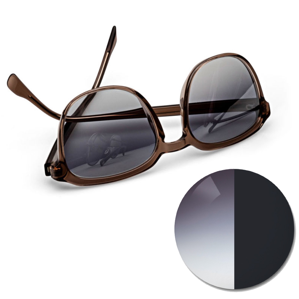 Glasses with ZEISS AdaptiveSun gradient grey and a colour dot in light and dark tinted colour shade
